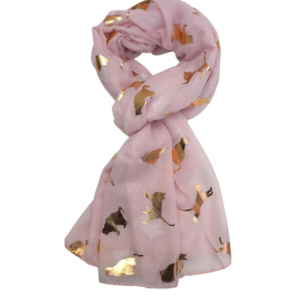 Pink Scarf with Metallic Gold Cat Foil Print Lightweight Sheer Fashion Wrap